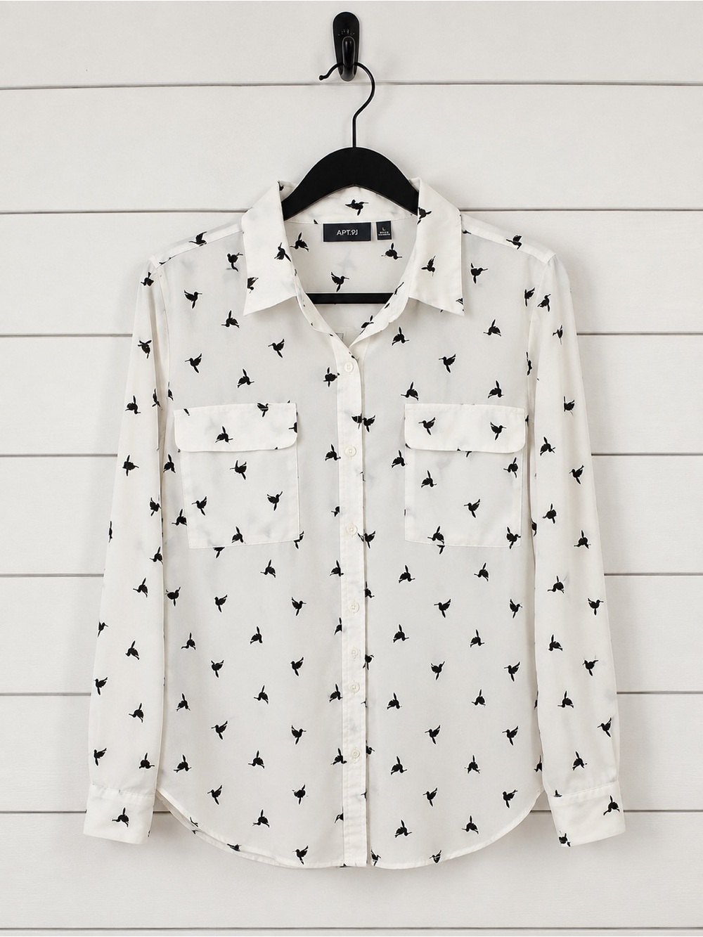 Apt. 9 White Button-Down Shirt with Black Bird Motif